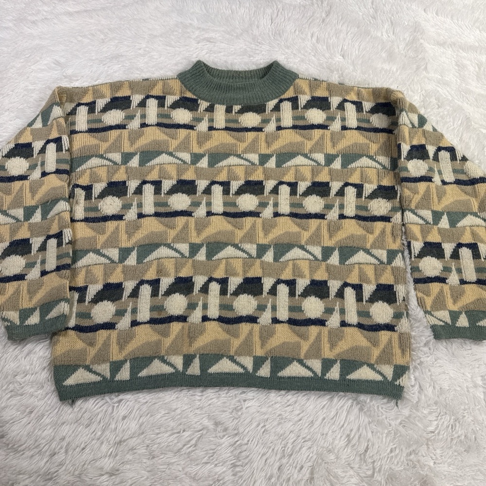 Men's Patterned Crewneck Sweater - Green and Beige